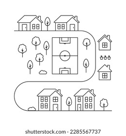 Houses with play field in village or cityscape, line art. Landscape and residential building. Exterior home in country landscape. Vector outline illustration