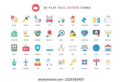 Houses purchase, mortgage agreement and insurance shield, advertising and search of family villa and home apartments for rent and sales. Real estate trendy flat icons set vector illustration