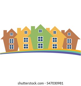 Houses or real estate on a a hill design has space for text on background
