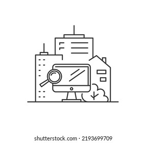 Houses And Real Estate Vector Icon. Building And Computer Online Agent Concept. Vector Thin Linear Illustration Isolated On White