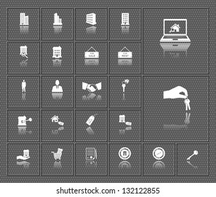 houses and real estate vector web icons set with reflection on dark background