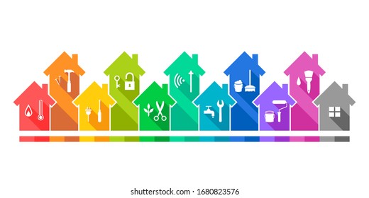 Casas y herramientas de trabajo relacionadas en el diseño plano colorido. Edificio y equipo doméstico con iconos de herramientas de trabajo como la industria de la construcción, vivienda, mantenimiento, renovación, reparación o concepto de administración de instalaciones.