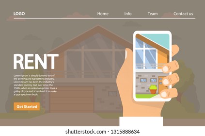 Houses for rent. The hand keeps smartphone the choice of the house in the application.Real estate concept.Rural building.
