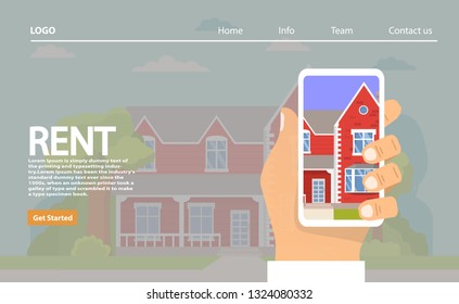 Houses for rent. The hand keeps smartphone the choice of the house in the application.Real estate concept.Rural building.Website banner concept.