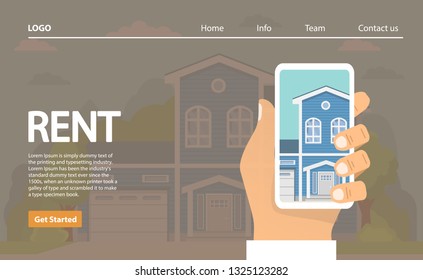 Houses for rent. The hand keeps smartphone the choice of the house in the application.Real estate concept.Rural building.