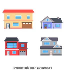 Houses, residential buildings of different styles, facade. Traditional suburban cottage, modern townhouse. Two or three story, with garage, windows and various roof shapes. Vector illustration.