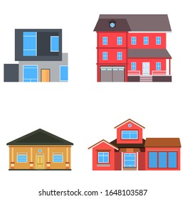 Houses, residential buildings of different styles, facade. Traditional suburban cottage, modern townhouse. Two or three story, with garage, windows and various roof shapes. Vector illustration.