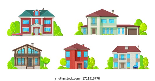 Houses and residential buildings, villas and mansions, real estate vector icons. Family house, duplex apartments and townhouse, private property, lodges and cottage architecture