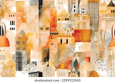 Houses and roofs seamless pattern. Watercolor modern arrangement abstract vector background. Dirty artistic trendy ornaments. Beautiful doodle hand drawn architecture, building. Decorative design. Art