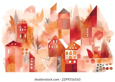 Houses roofs windows pattern. Watercolor modern arrangement abstract vector background. Dirty artistic trendy ornaments. Beautiful doodle hand drawn architecture, building. Decorative design. Art