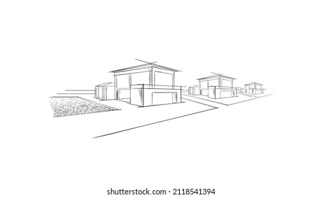 Houses In A Row. Beach House Real Estate Rental Logo. Banner Luxury Villas. Homes With Swimming Pool For Weekend And Holidays. Modern Architecture Vacation Building Sketch, Hand Drawn Vector