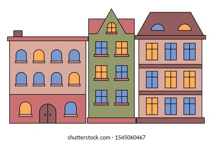 Houses in row vector, isolated buildings with windows and light in them. Suburban homes of citizens, residence with entry and roof with chimney. Constructions of brick and wood in flat style