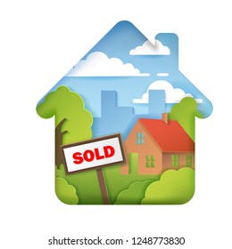 Houses for sale, realtor, house sold signs, paper style 3D volumetric layers