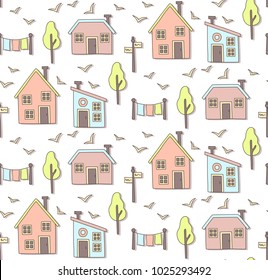 Houses in the scandinavian village colorful cute nordic seamless vector pattern
