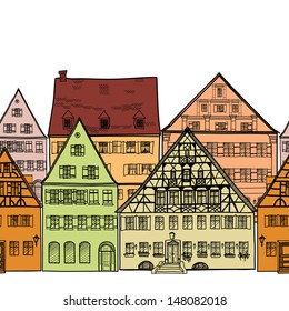 Houses seamless background.  Old city street. Ancient building frame. Doodle pattern. Sketch vector illustration.