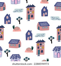Сute houses Seamless pattern. Abstract background with different houses with hand drawn textures, shapes. Creative kids city for fabric, textile, wallpaper, wrapping paper design. Vector illustration