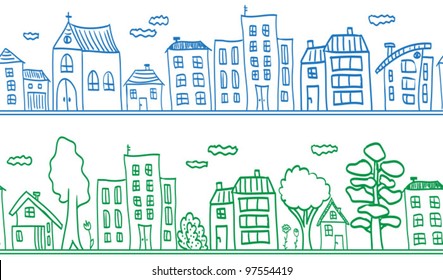 Houses seamless pattern background - small town. Vector illustration.