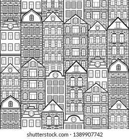 Houses seamless pattern, black and white drawing, silhouette city background, urban coloring landscape. Monochrome outline European brick house, architecture ornament, vector illustration