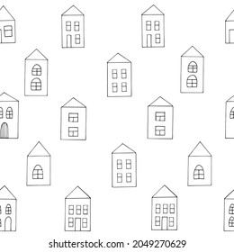 houses seamless pattern. hand drawn doodle. vector, scandinavian, nordic, minimalism, monochrome. building, street. textiles, wrapping paper, wallpaper, background.