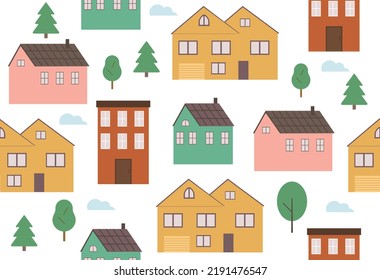 Houses seamless pattern. Repeating design element for printing on fabric. Real estate, red, green and yellow buildings, city architecture. Wallpaper, poster or banner. Cartoon flat vector