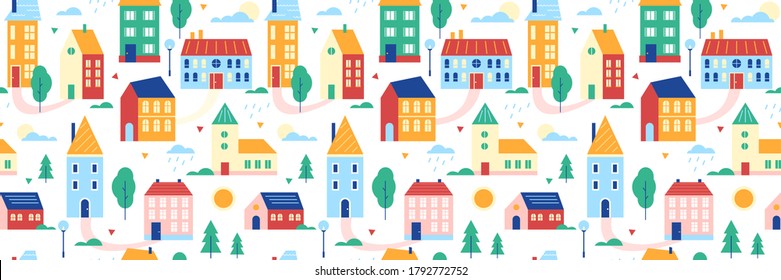 Houses seamless pattern vector illustration. Cartoon flat cute summer traditional cityscape with colorful buildings, retro traditional townhouses, cottages and green trees