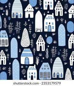 Houses Seamless Pattern Vector, in the Style of Contemporary Scandinavian Art, Light Black and Blue, Naive Childlike, Stencils, Lively Tableaus, Dotted