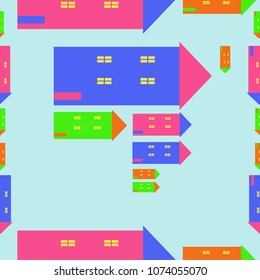 Houses   seamless  pattern, windows, doors, quadrangles, triangles.