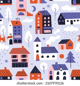 Patrón sin fisuras de las casas. Edificios de la ciudad de invierno, arquitectura pequeña y acogedora, elementos de la ciudad de color, huellas de viveros, casas divertidas. Decoración textil, papel tapizado de papel, vector