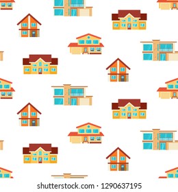 Houses seamless repeat pattern. Modern cottages, front view, isolated on white. Real Estate. Flat Style American or Sweden Townhouse.