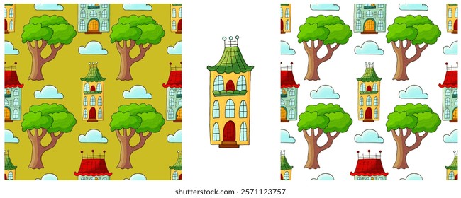 Houses. Set city seamless patterns. Pattern in hand draw style
