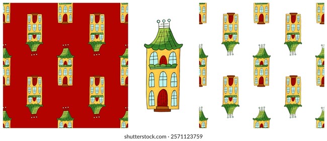 Houses. Set city seamless patterns. Pattern in hand draw style