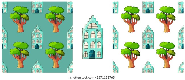 Houses. Set city seamless patterns. Pattern in hand draw style