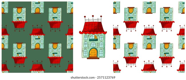 Houses. Set city seamless patterns. Pattern in hand draw style