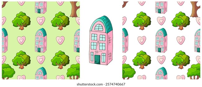 Houses. Set city seamless patterns. Pattern in hand draw style
