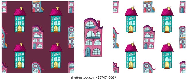 Houses. Set city seamless patterns. Pattern in hand draw style