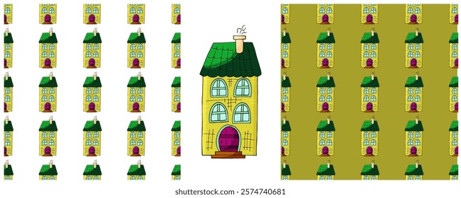 Houses. Set city seamless patterns. Pattern in hand draw style