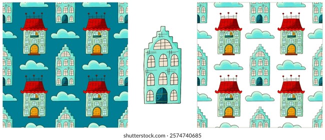 Houses. Set city seamless patterns. Pattern in hand draw style