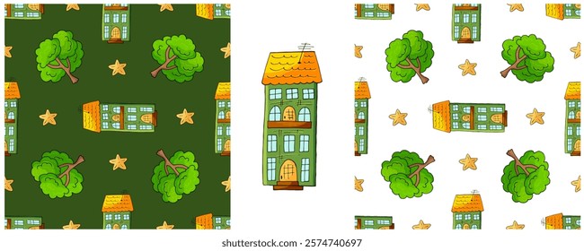 Houses. Set city seamless patterns. Pattern in hand draw style