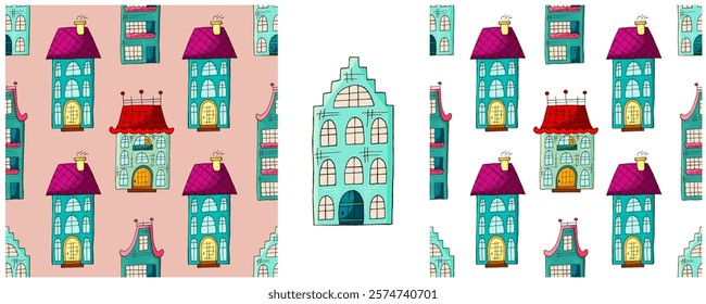 Houses. Set city seamless patterns. Pattern in hand draw style
