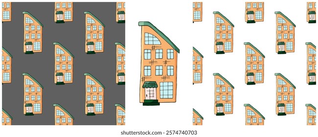 Houses. Set city seamless patterns. Pattern in hand draw style