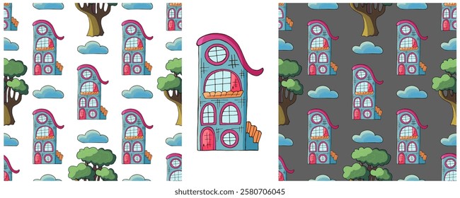 Houses. Set city seamless patterns. Pattern in hand draw style