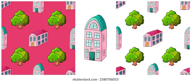 Houses. Set city seamless patterns. Pattern in hand draw style