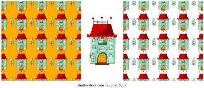 Houses. Set city seamless patterns. Pattern in hand draw style