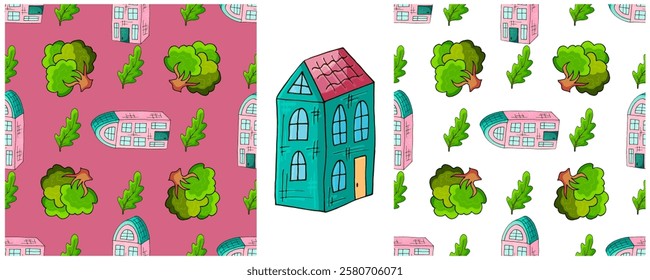 Houses. Set city seamless patterns. Pattern in hand draw style