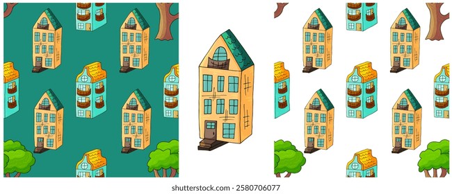 Houses. Set city seamless patterns. Pattern in hand draw style