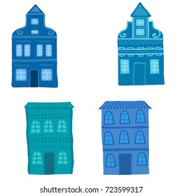  houses set. Cute hand drawn houses in blue colors. Colorful vector illustrations collection.