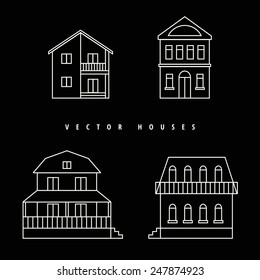 Houses Set drawn white outline on a black background. Vector illustration.