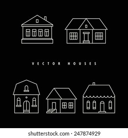 Houses Set drawn white outline on a black background. Vector illustration.
