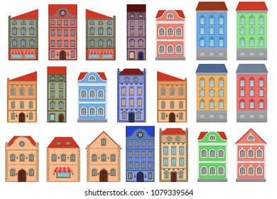 Houses. Set of european old buildings. Outline drawing. Vector illustration isolated on white background