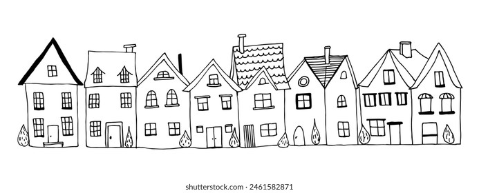 Casas establecidas. Ilustración urbana de Vector de garabato dibujado a mano. Habitación de caricaturas. Dibujos infantiles en blanco y negro.